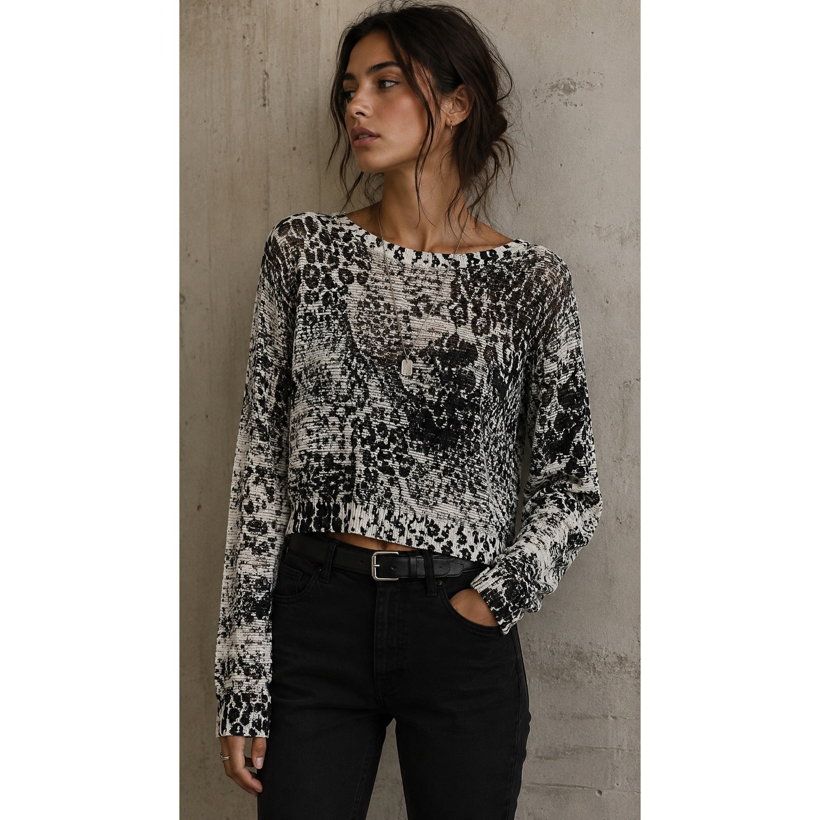 Allsaints Haruko Jumper Leopard Print Knit Sweater Black White Cotton Us 10